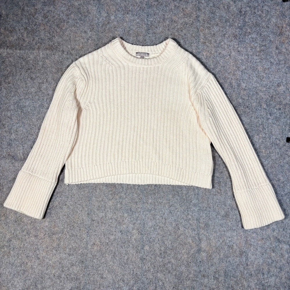 J.Crew Heritage Cotton Fisherman Crewneck Sweater L Cream Shaker Stitch Cropped